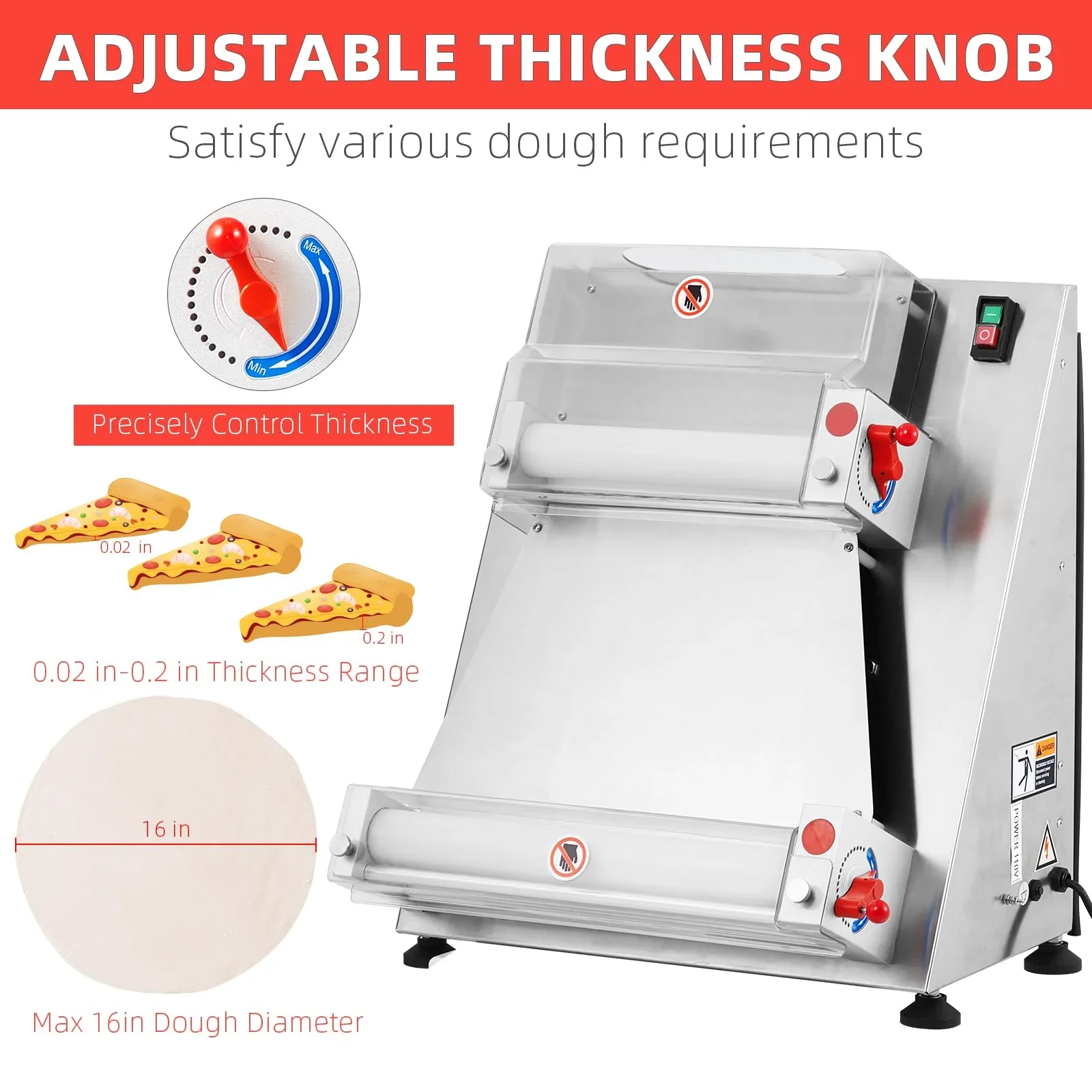Garvee Commercial Pizza Dough Roller Sheeter, Max 16", Automatic 370W Electric Pizza Dough Roller, Stainless Steel, Suitable for Noodle, Pizza Bread and Pasta Maker Equipment