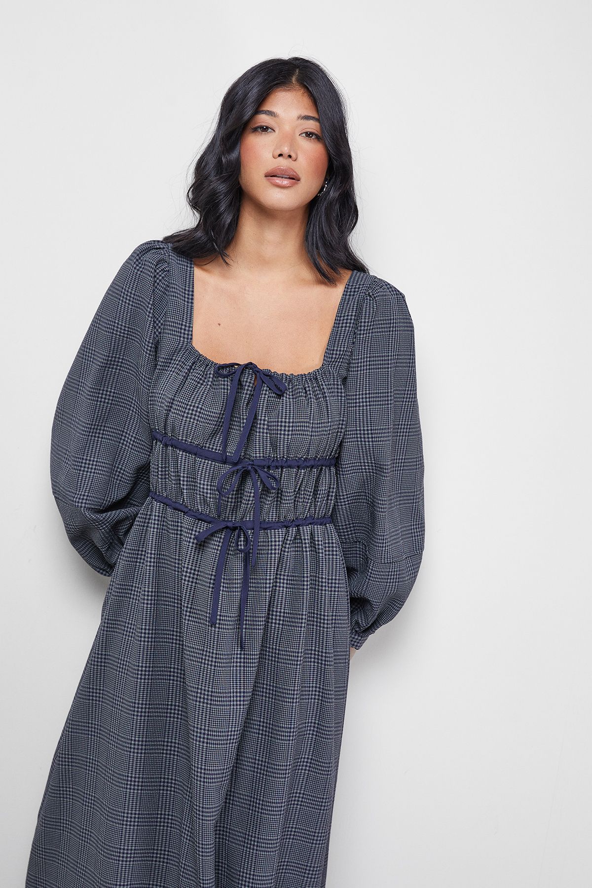 Warehouse Check Tie Front Square Midi Dress