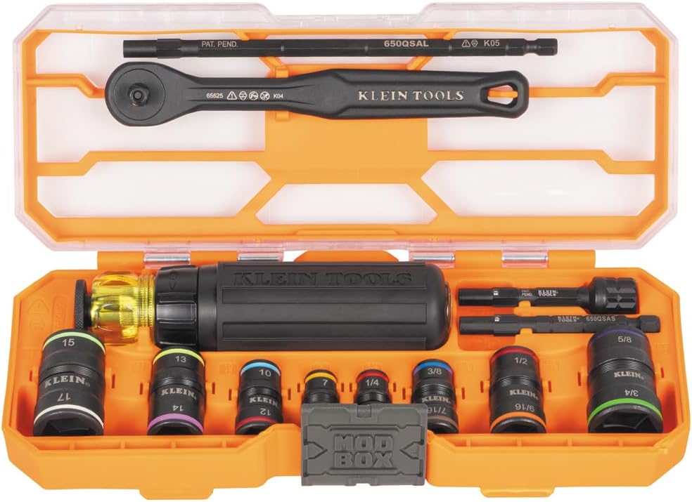 Klein Tools 65242 KNECT Impact Socket Set, Ratcheting Screwdriver Set, 1/4-Inch Drive, 4 SAE and 4 Metric Flip Sockets, 16 Hex Sizes, Adapters, MODbox Case