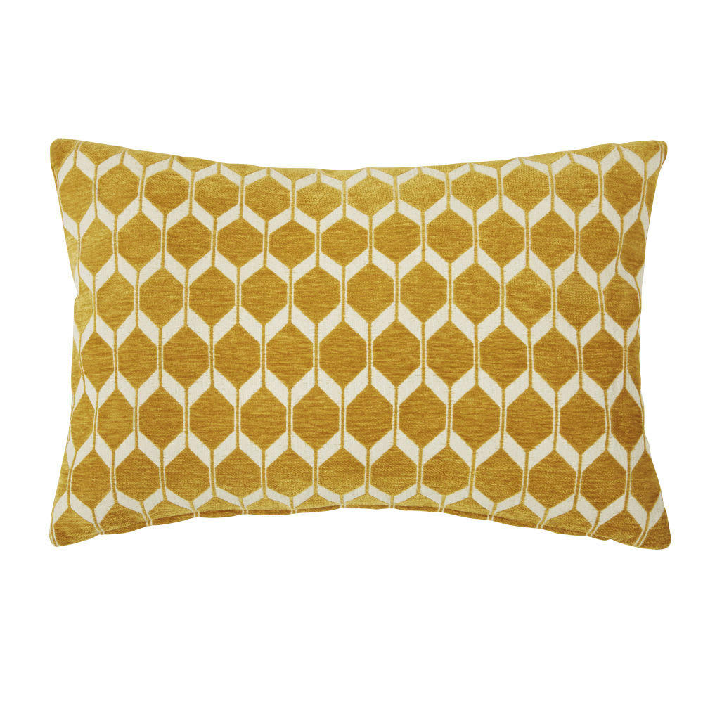 ASTON - Coussin en velours tissé jacquard motifs graphiques jaune moutarde 40x60