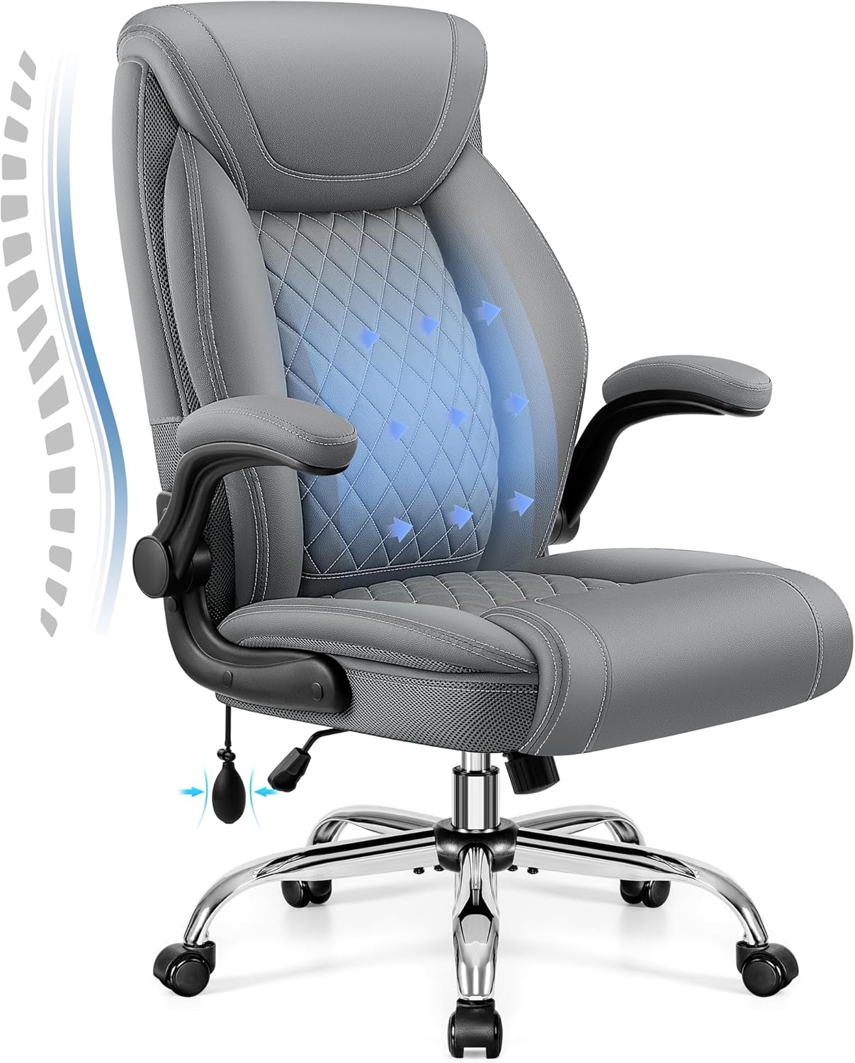 Office Chair, Big and Tall Ergonomic Desk Chair, Executive Leather Computer Chair with Adjustable Lumbar Support, Comfy Gaming Chair with Flip Up Arms, Swivel PC Chair with Rocking Function, Gray