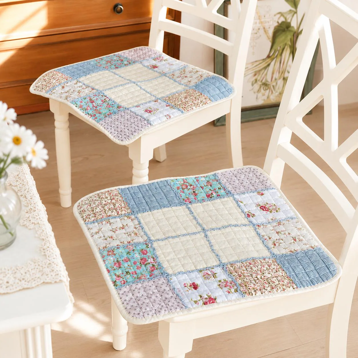 French Country Patchwork Chair Cushion | Quilted Cotton Pad, Farmhouse Style