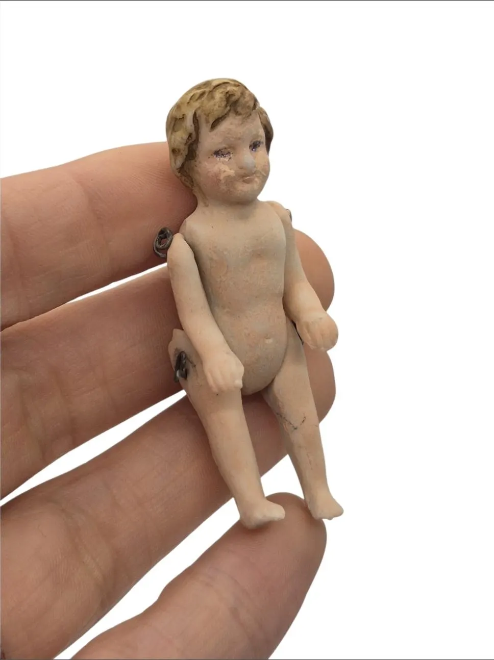 Dollhouse Miniature ~ Vintage Porcelain Boy Doll with Light Brown Hair & Mobile Joints