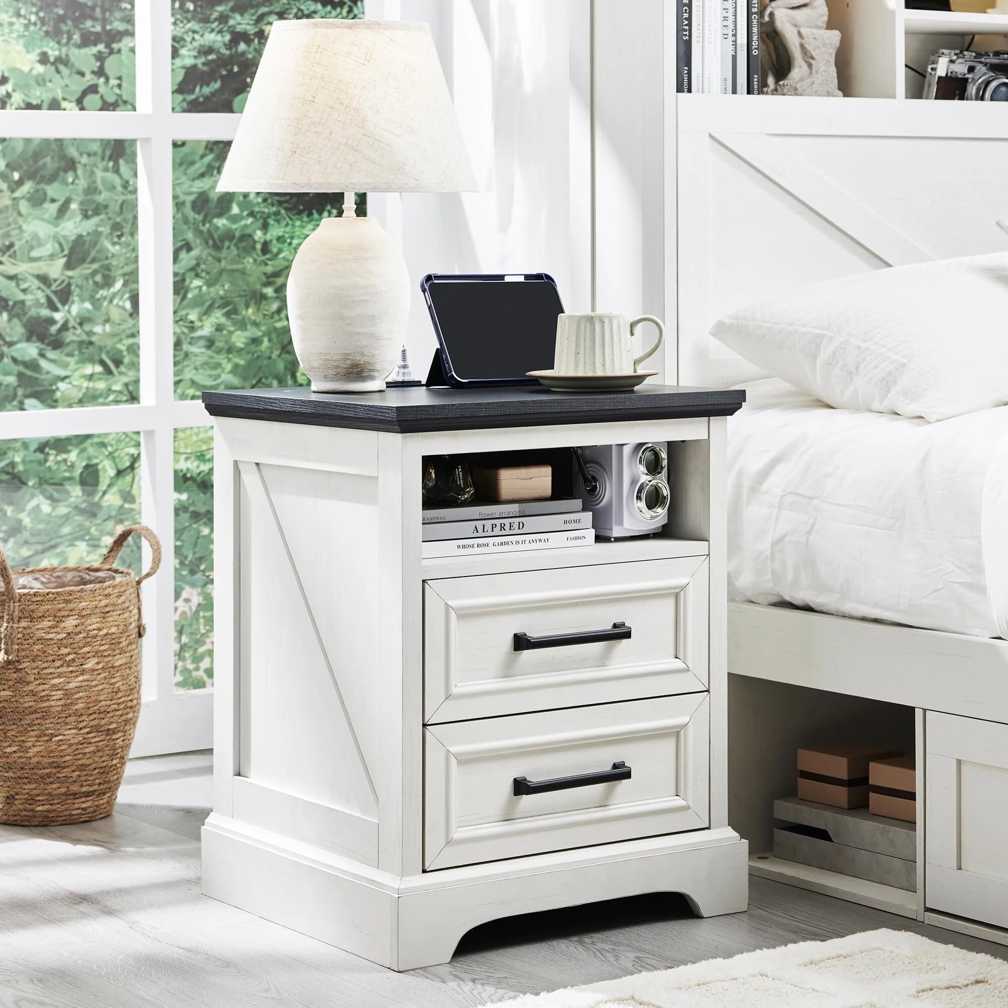 Farmhouse Nightstand with Charging Station - 18 Bedside Table with 2 Drawers for Bedroom & Living Room