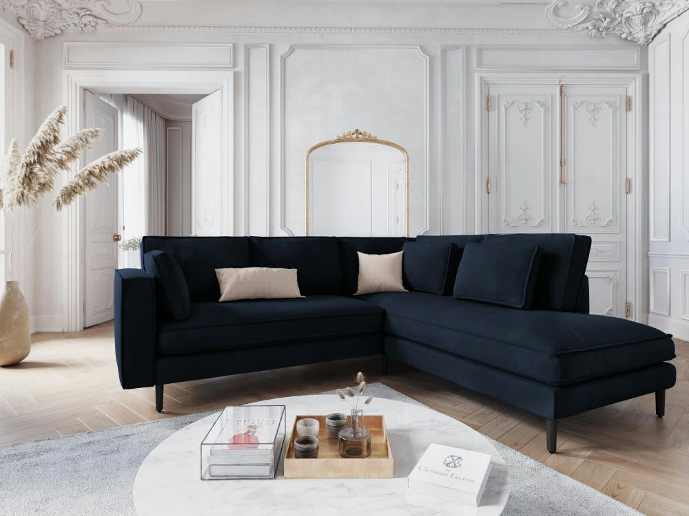 ALEXIS - Canapé d'angle 5 places en velours bleu foncé