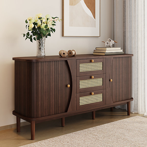 Buffet en rotin, commode avec portes coulissantes, étagères réglables et plateau arrondi, design pratique et élégant