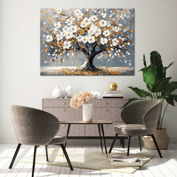 Feeby Obraz na płótnie, Drzewo życia Kwiaty Liscie Zloty 60x40