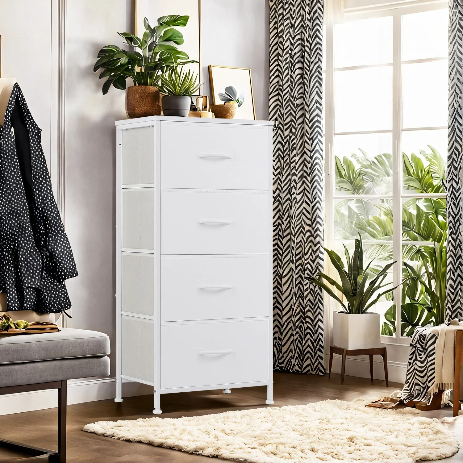 Dresser for Bedroom with 4 Fabric Drawers, Tall Chest Organizer Units for Clothing, Closet, Kidsroom, Storage Tower with Cabinet