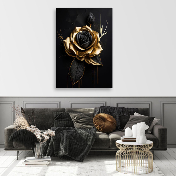 Feeby Obraz na płótnie, Złota Róża na czarnym tle 40x60