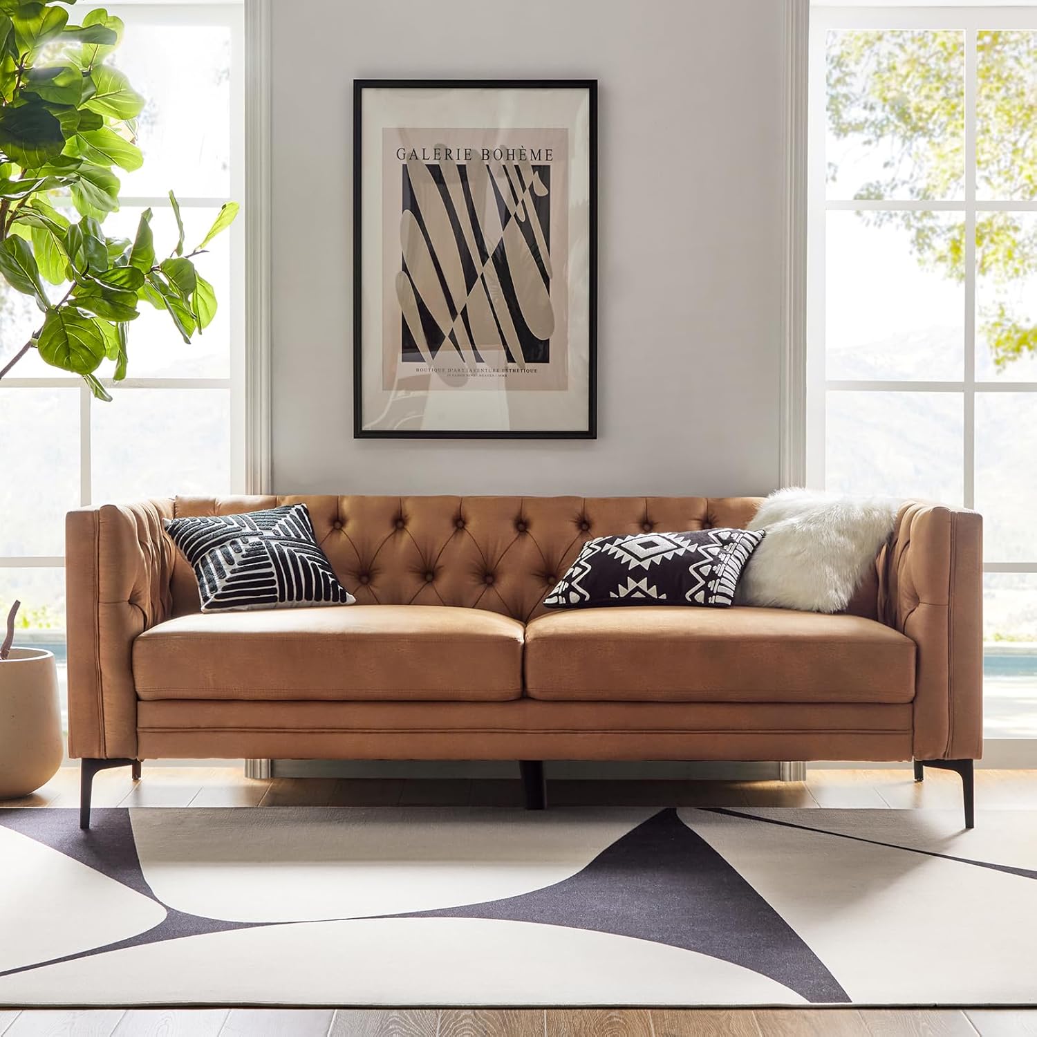 HULALA HOME 84 W Faux Leather Sofa Couch with Metal Legs, Button-Tufted 3-Seater Sofa, Mid Century Modern Upholstered Couch for Living Room, Entertainment Area, Apartment,Camel