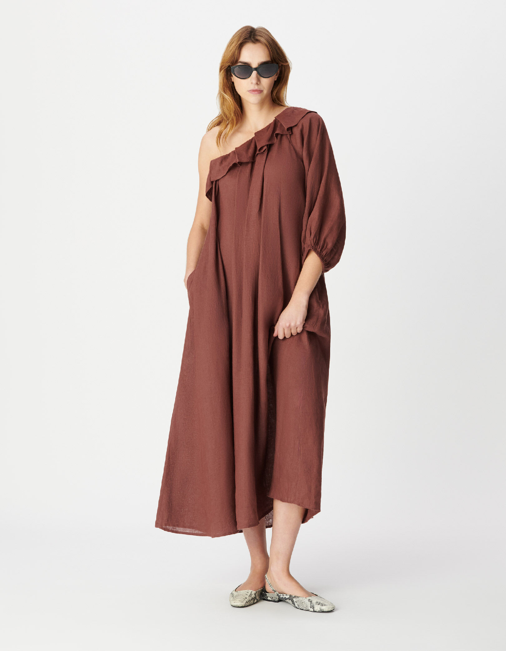 Robe midi asymétrique magnum lin à volant Femme