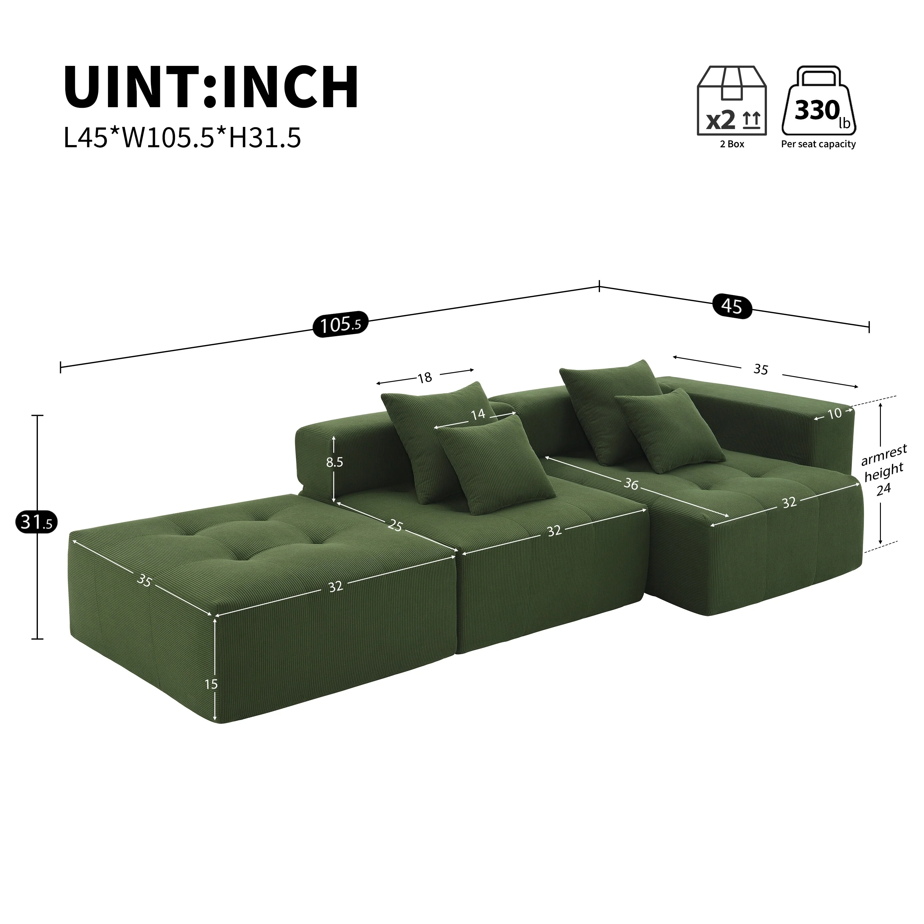 Green 105.5'' L-Shaped 3-Seater Sectional Sofa in Corduroy Upholstery with Tufted Design and 4 Pillows, No Assembly Needed