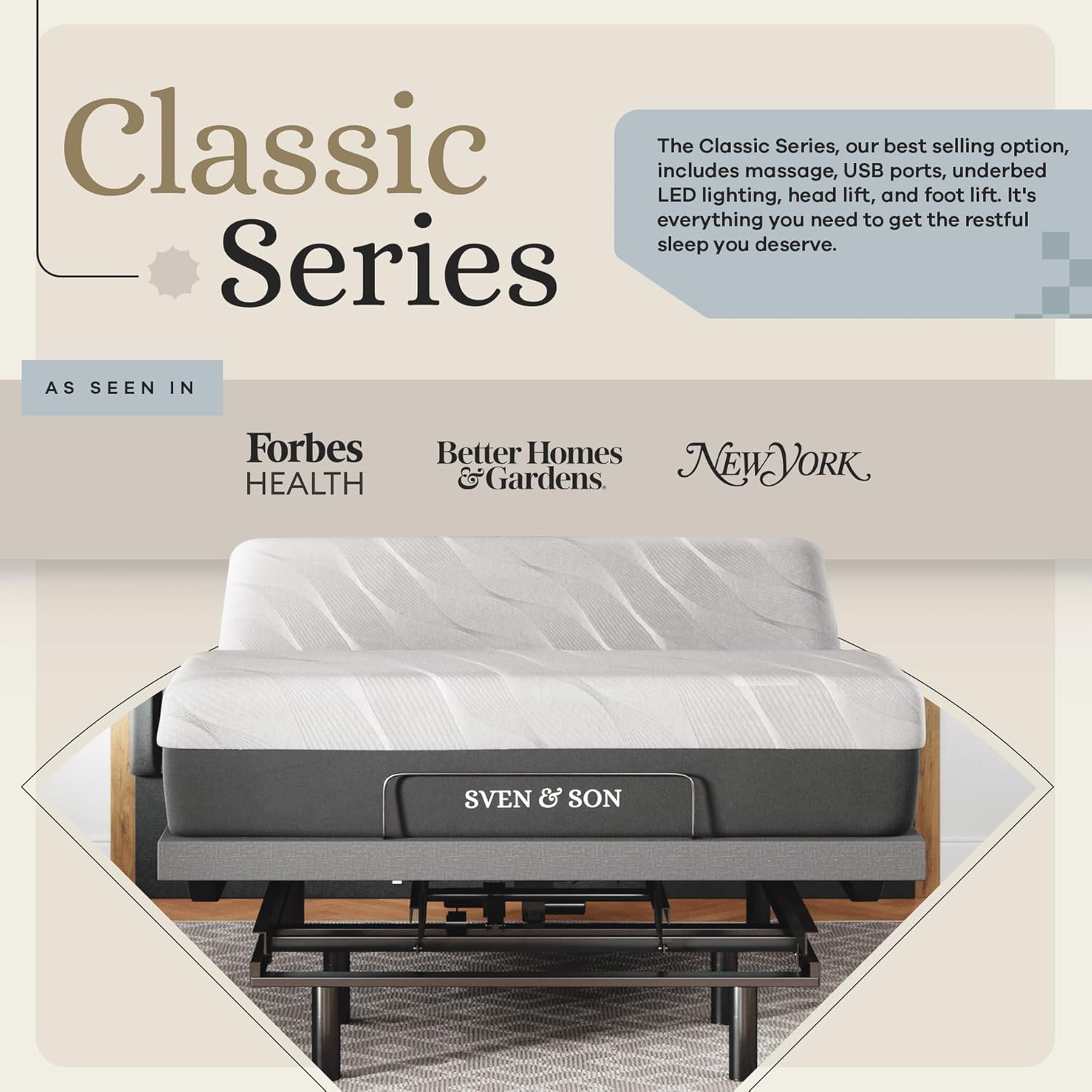Sven & Son Classic Adjustable Bed Base, Head and Foot Lift, Massage, Under-Bed Lights, USB, Gel Memory, Zero Gravity Smart Frame - Queen + 14 inch Hybrid Spring Matt (Medium Soft)
