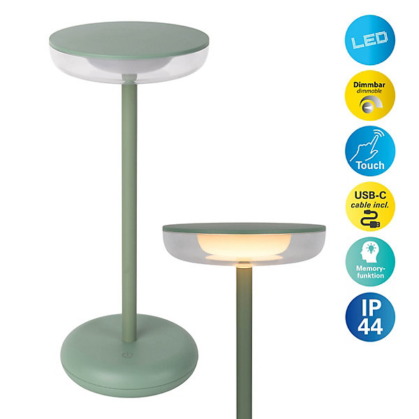 Lampe de table à accu PASI intérieur extérieur métal plastique menthe intensité variable tactile fonction mémoire hauteur 26cm
