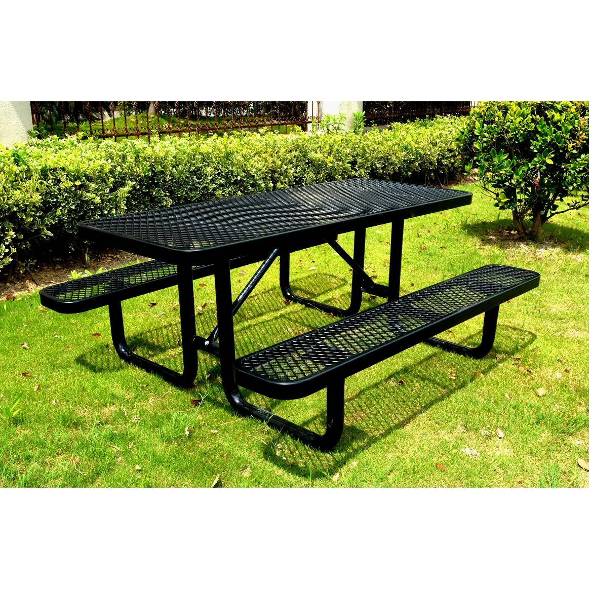72 Expanded Metal Rectangular Picnic Table, Black With Umbrella Hole