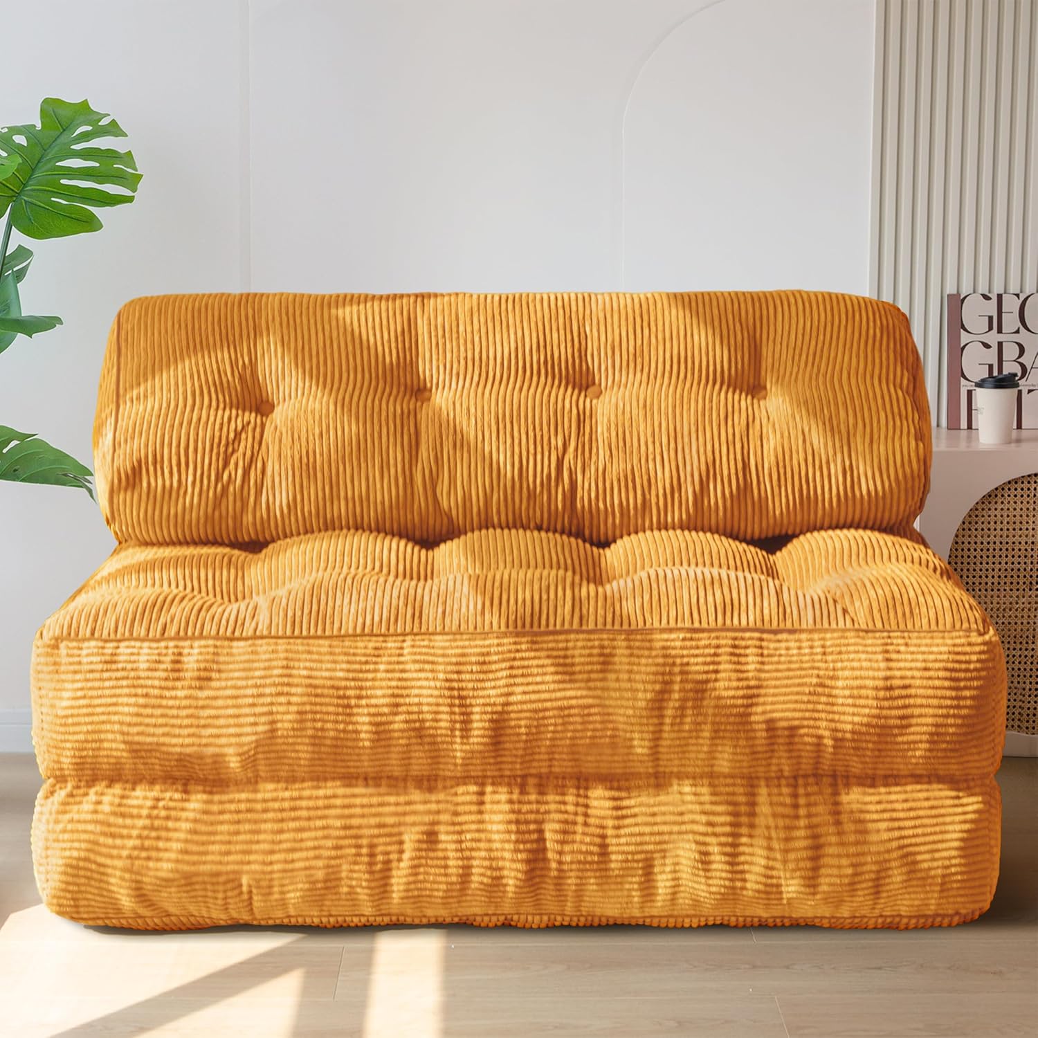 MAXYOYO Folding Sofa Bed, Convertible Sleeper Chair with Pillow Foldable Mattress with Back Support, Portable Fold Out Chair Bed Comfy Floor Sofa Lounge for Living Room Bedroom, Orange Double