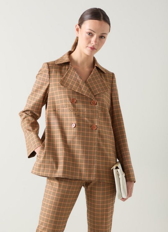 Amber Brown Check Print Double Breasted Jacket