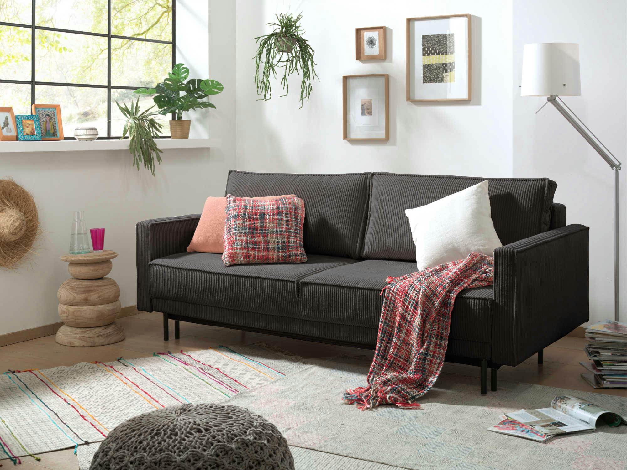 CHARLIE - Canapé droit convertible 3 places en velours côtelé gris foncé