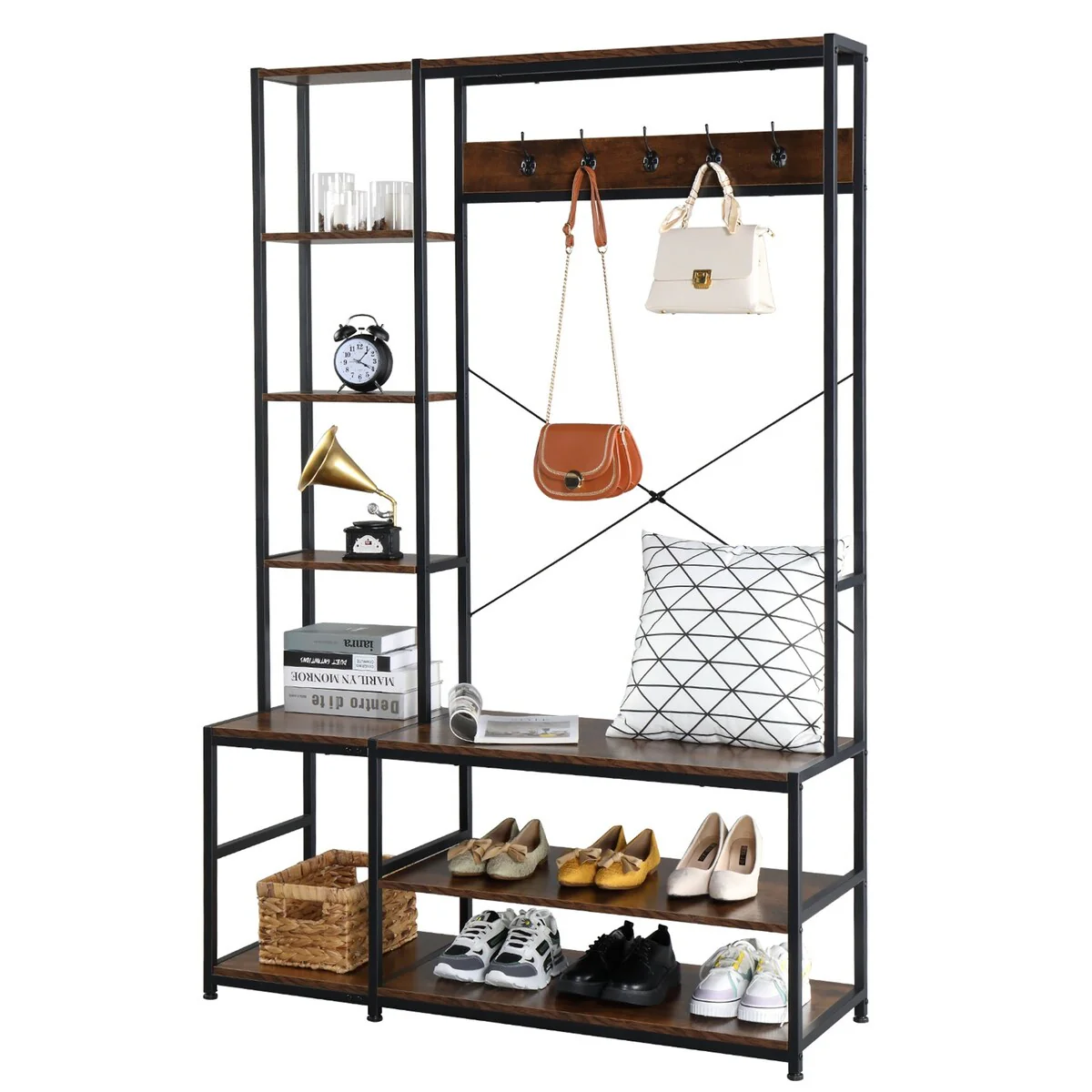 Entryway Hall Tree with Storage Shelves, Shoes Bench and Hook