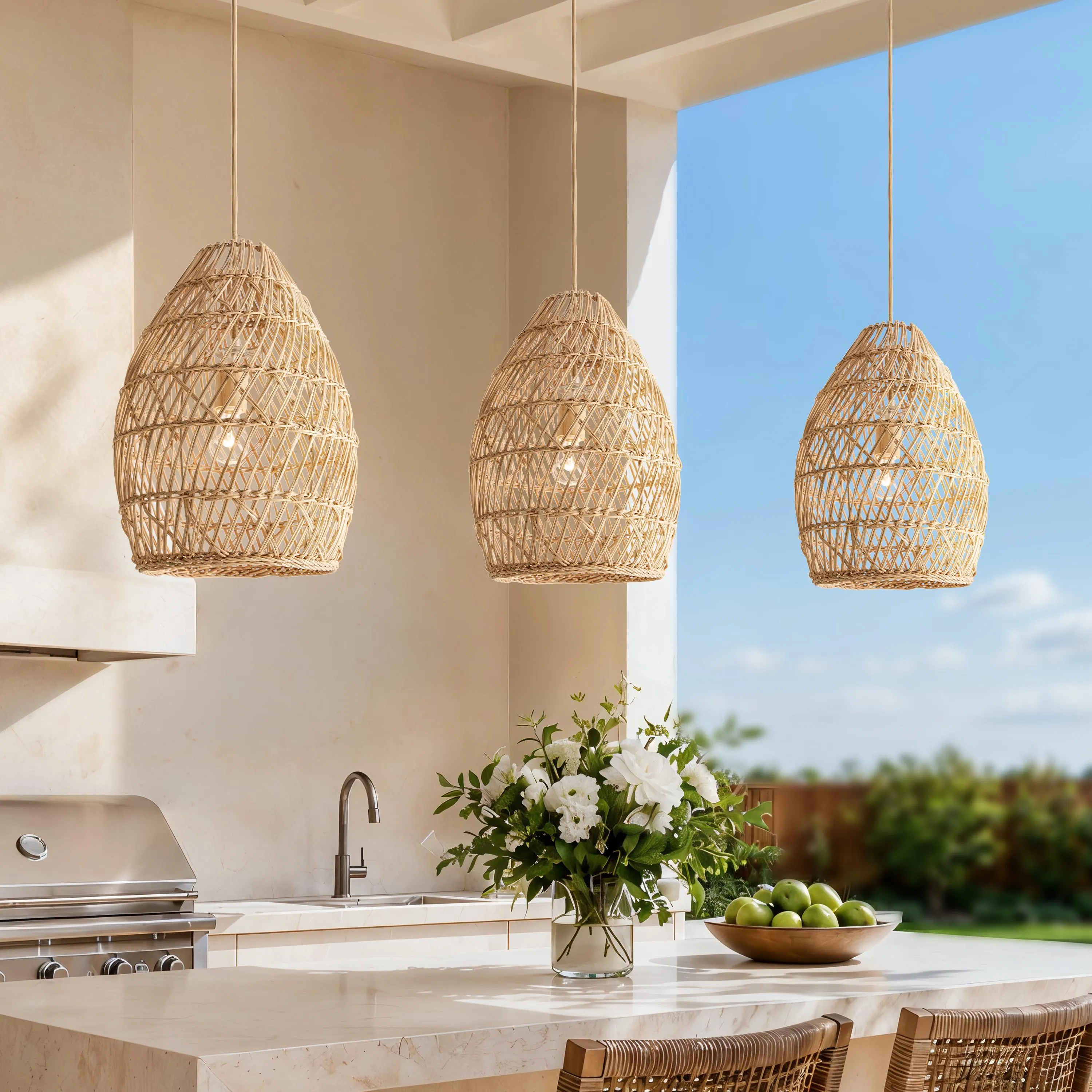 Outdoor Callie Rattan Pendant Light - Woven Wicker Hanging Fixture for Patio, Porch & Kitchen Island