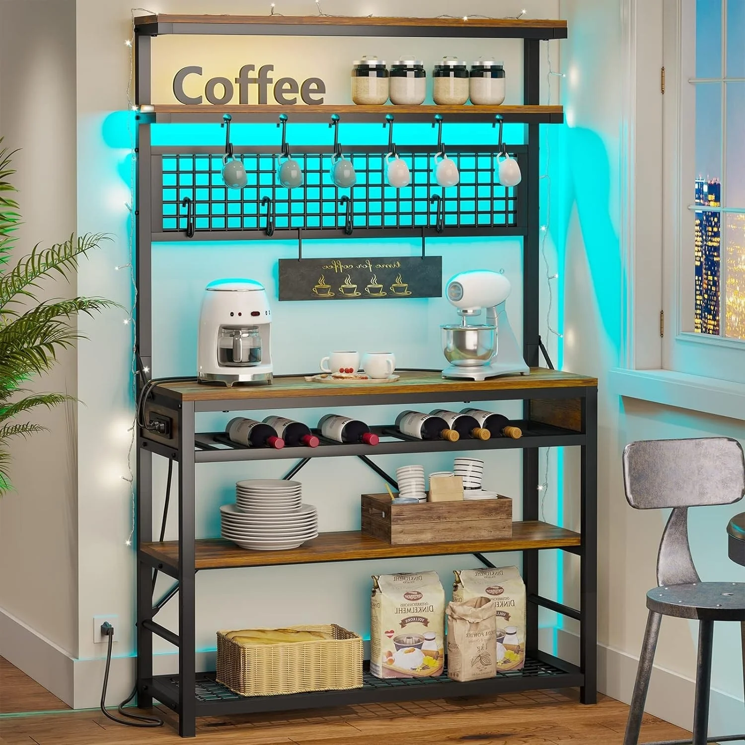 Bakers Rack with Power Outlet 6-Tier Coffee Bar Microwave Stand