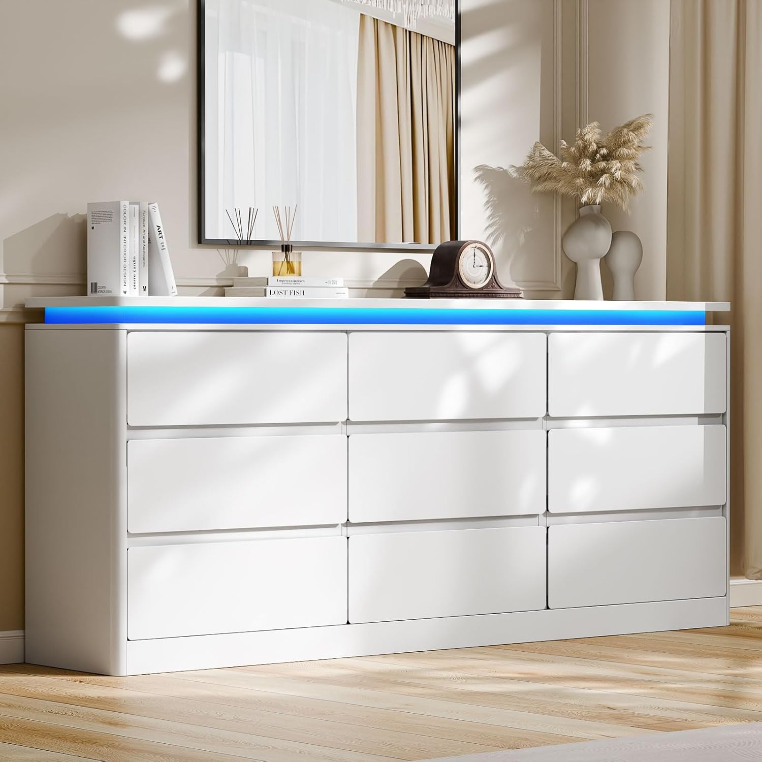 9 Drawer Dresser for Bedroom, 63 Long White Chest of Drawers with Charging Station & LED Lights, Curved Profile Design,Wooden Closet Storage Cabinet,Modern Dresser TV Stand with Deep Drawers