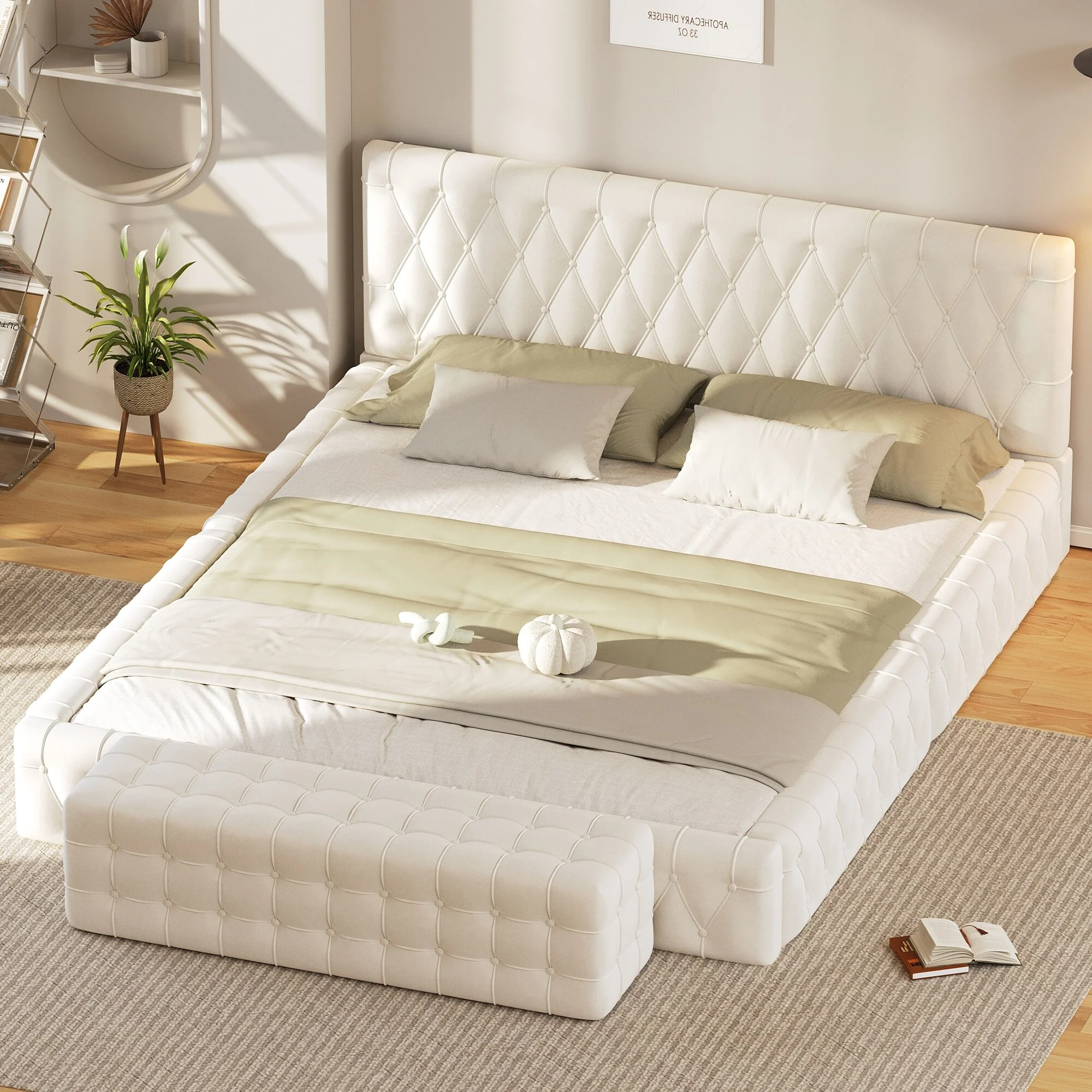 Modern Velvet Upholstered Queen Bed with Matching Ottoman, Elegant Bedroom Set