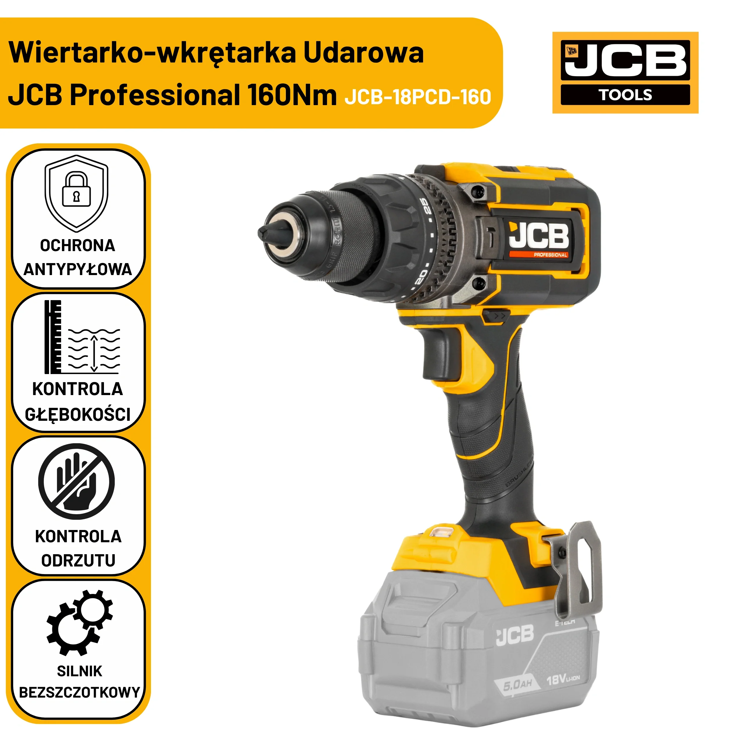 JCB Professional 18V Zestaw Wiertarko-wkrętarka udarowa 160 Nm - 2x akumulator 5.0Ah + Szybka ładowarka 4.5A