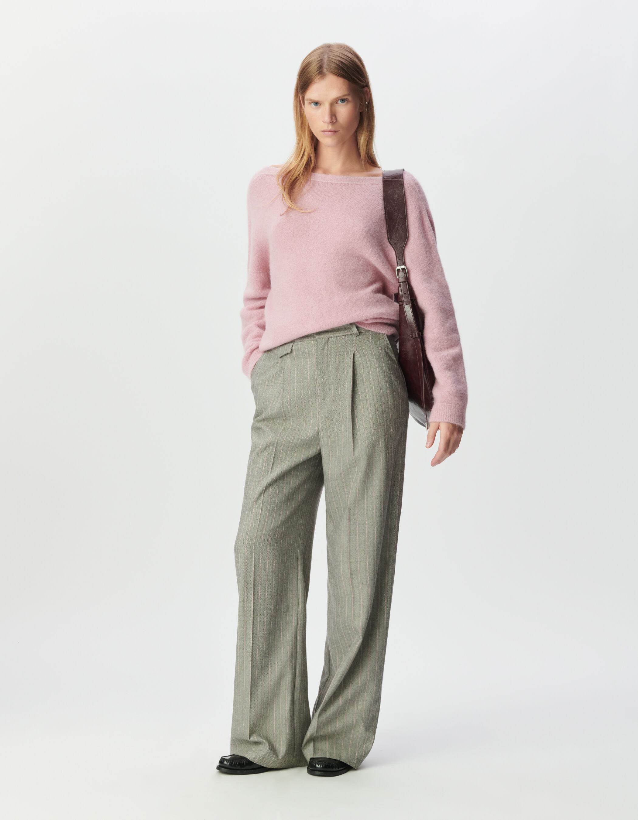 Pantalon de tailleur gris motif rayures roses Femme