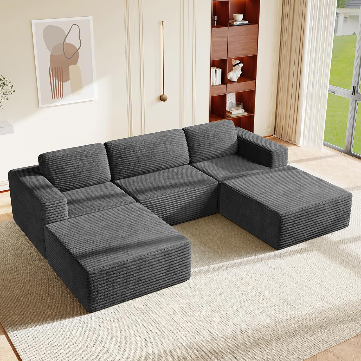 Vesgantti 119 Oversized U-Shaped Modular Sectional Sofa, Corduroy Cloud Couch with Deep Seating & Spring Support, Convertible Sofa with 2 Ottomans, Boneless Couch, No Assembly Required, Grey