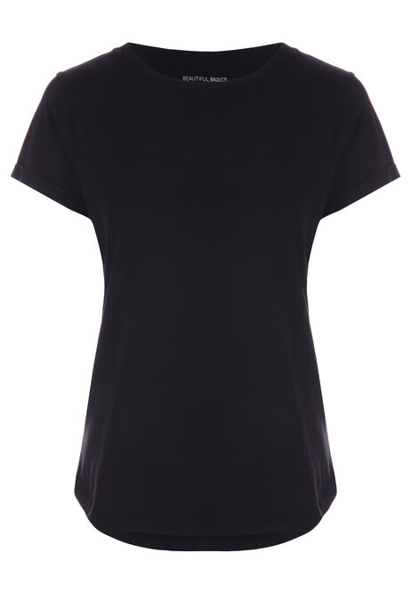 Womens Black Plain Roll Sleeve T-shirt