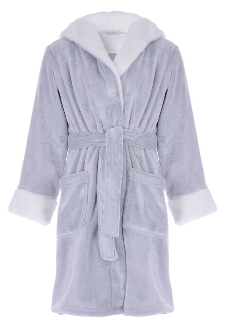 Girls Grey Plain Sherpa Trim Dressing Gown
