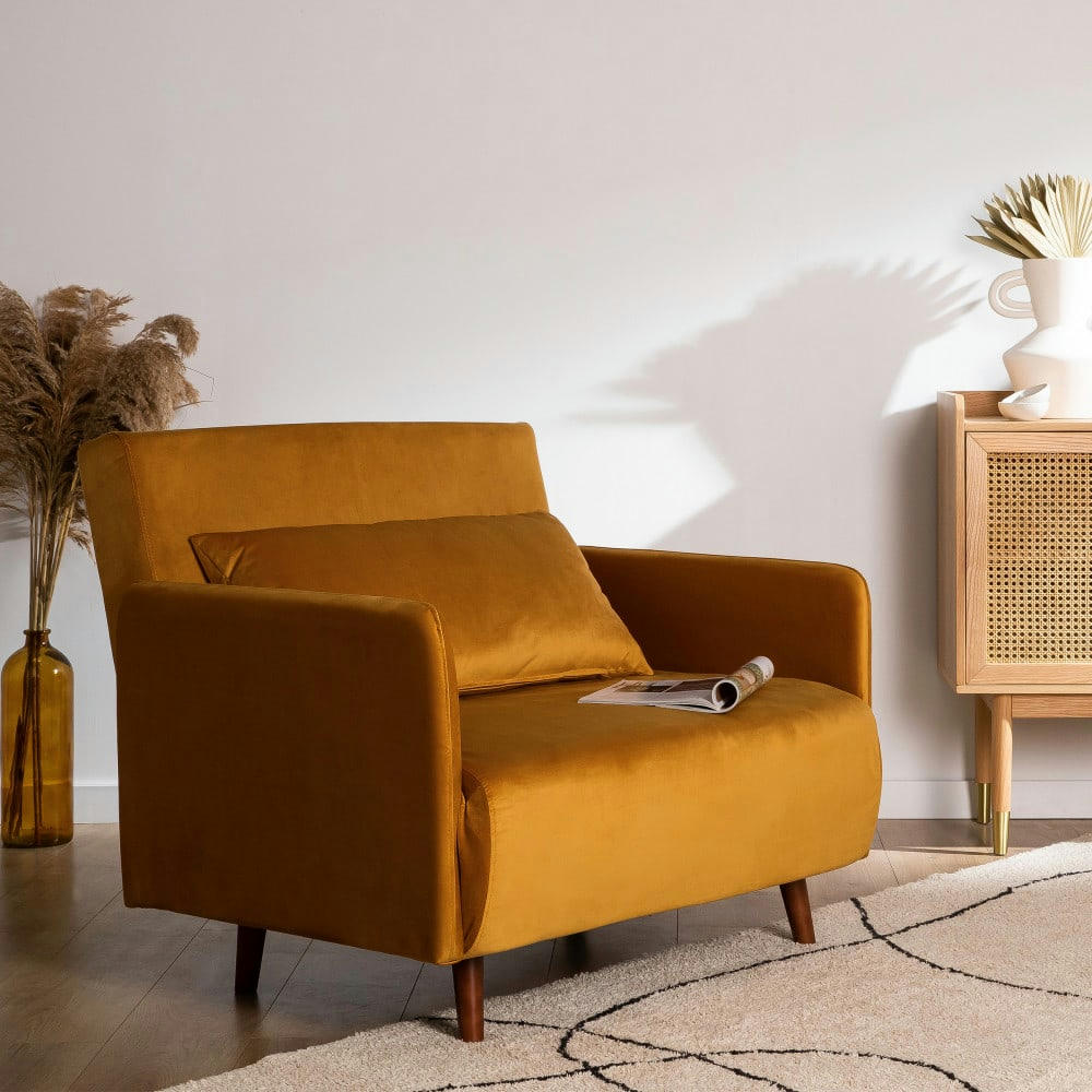 BELUSHI - Fauteuil convertible en velours jaune moutarde
