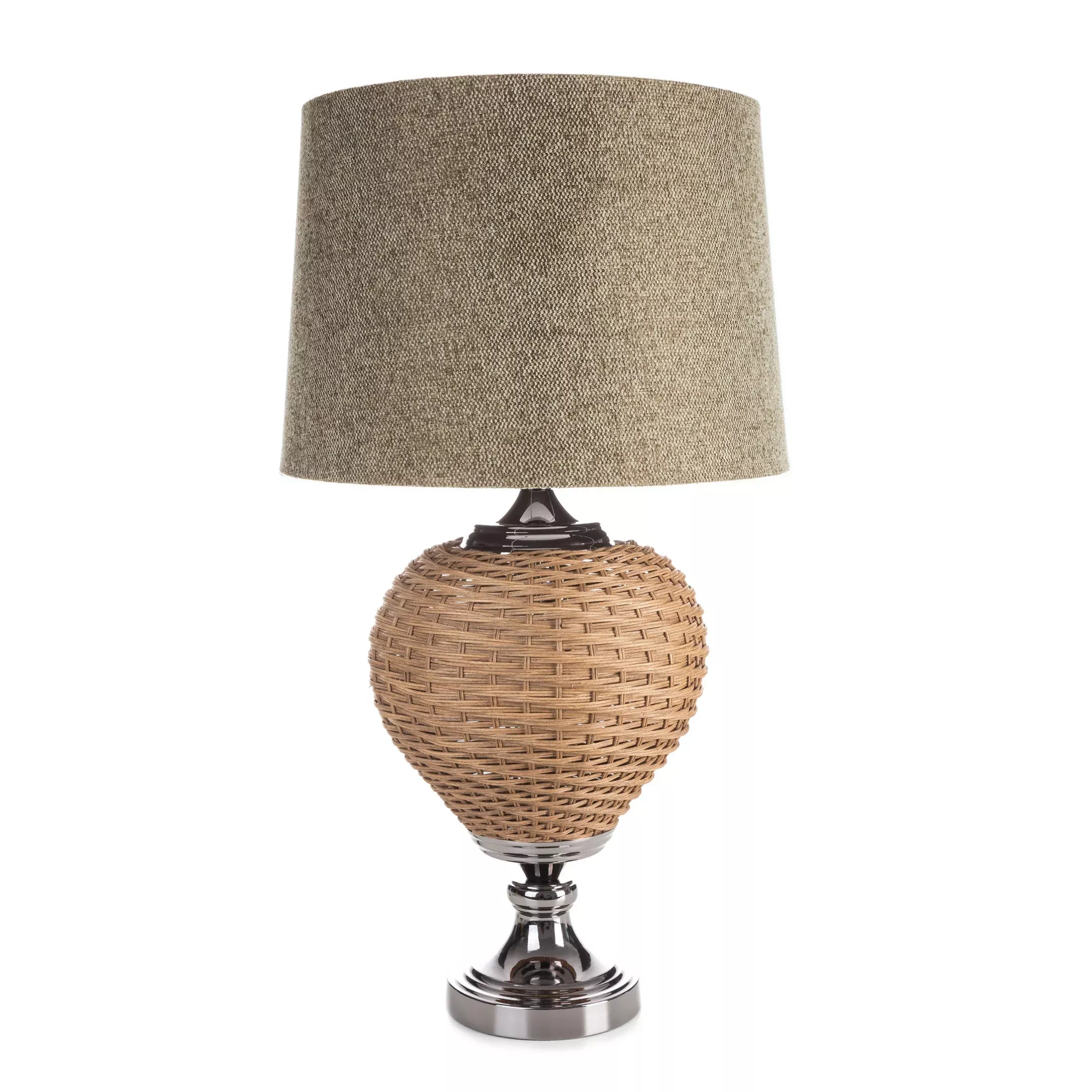 Lampa stołowa do pokoju beżowa PATI w stylu boho z plecioną podstawą i matowym abażurem