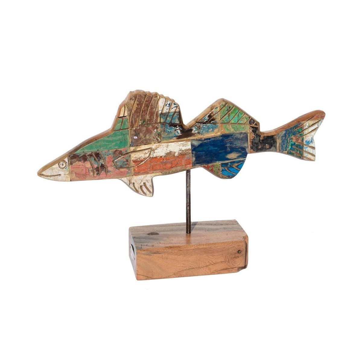 POISSON - Statue déco à poser poisson multicolore en bois recyclé L51cm