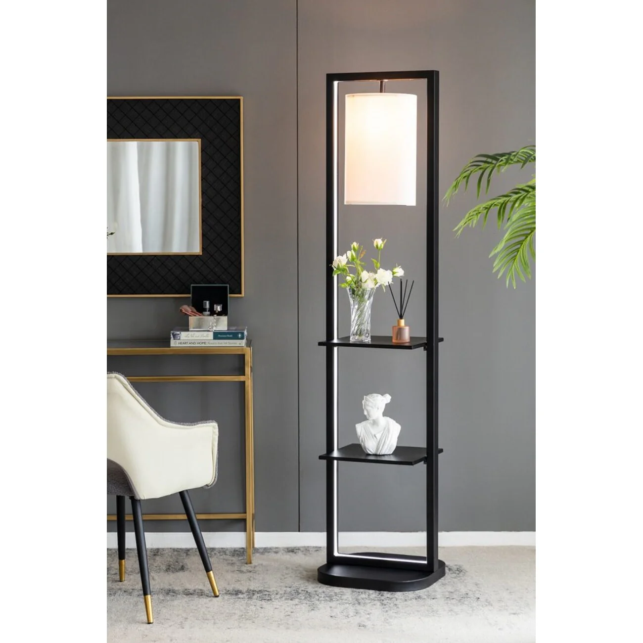 Two Tier Vertical Shelving Stand with Light - 74.25 - Black