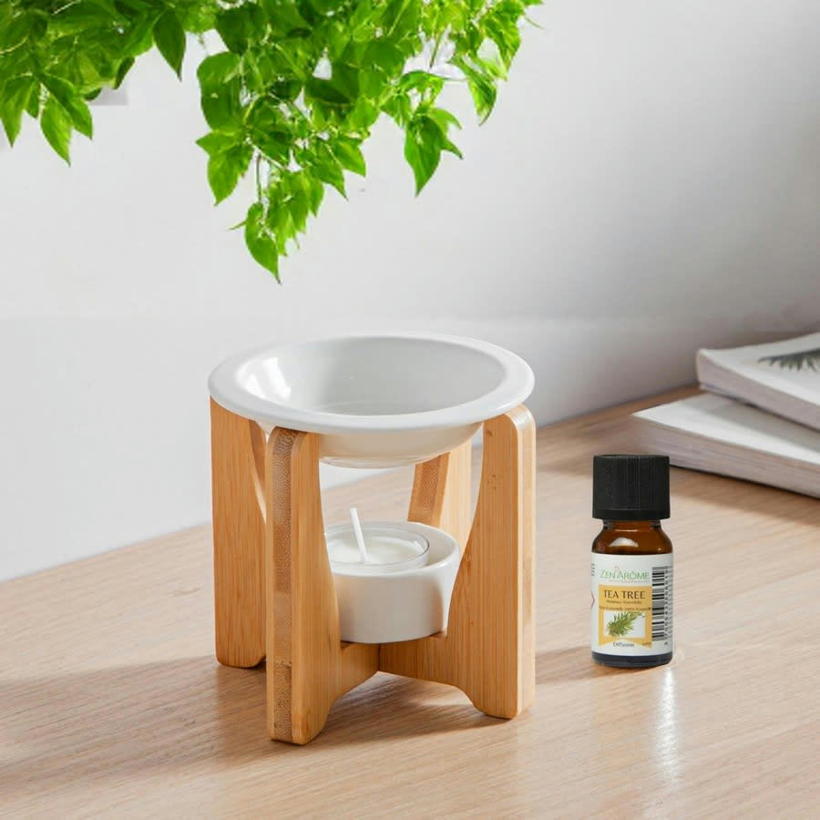 SIMPLICITY - Brûle parfum arche en bambou et céramique blanche - H11cm