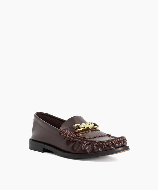 Granules Burgundy - Leather Gold Chain Trim Fringed Loafer