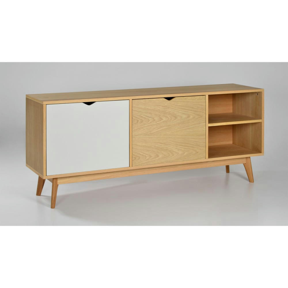 STRÖM - Meuble TV design 2 portes chêne porte blanche