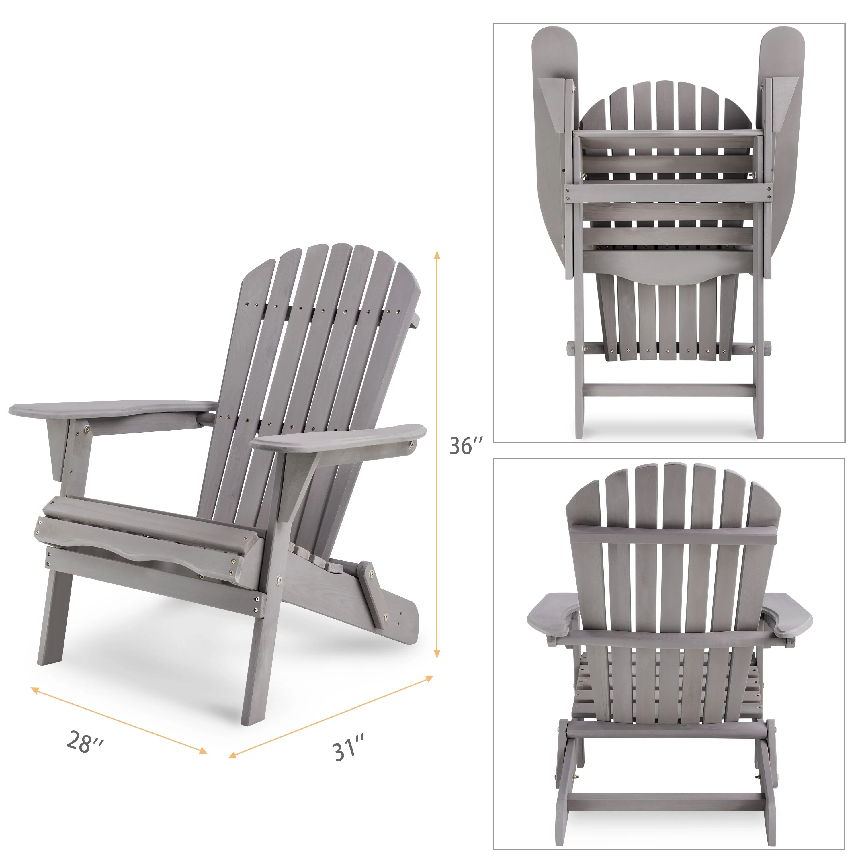 36-in.H Grey Outdoor Solid Cedar Wood Folding Adirondack Chair/Lounge Patio Chair Set of 2 for Garden, Lawn, Backyard