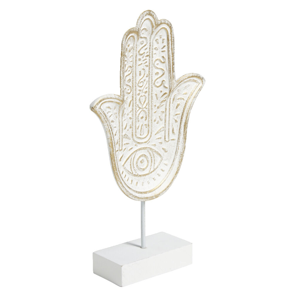Main de Fatma gravée à poser en bois et métal blanc 16xH28,5cm