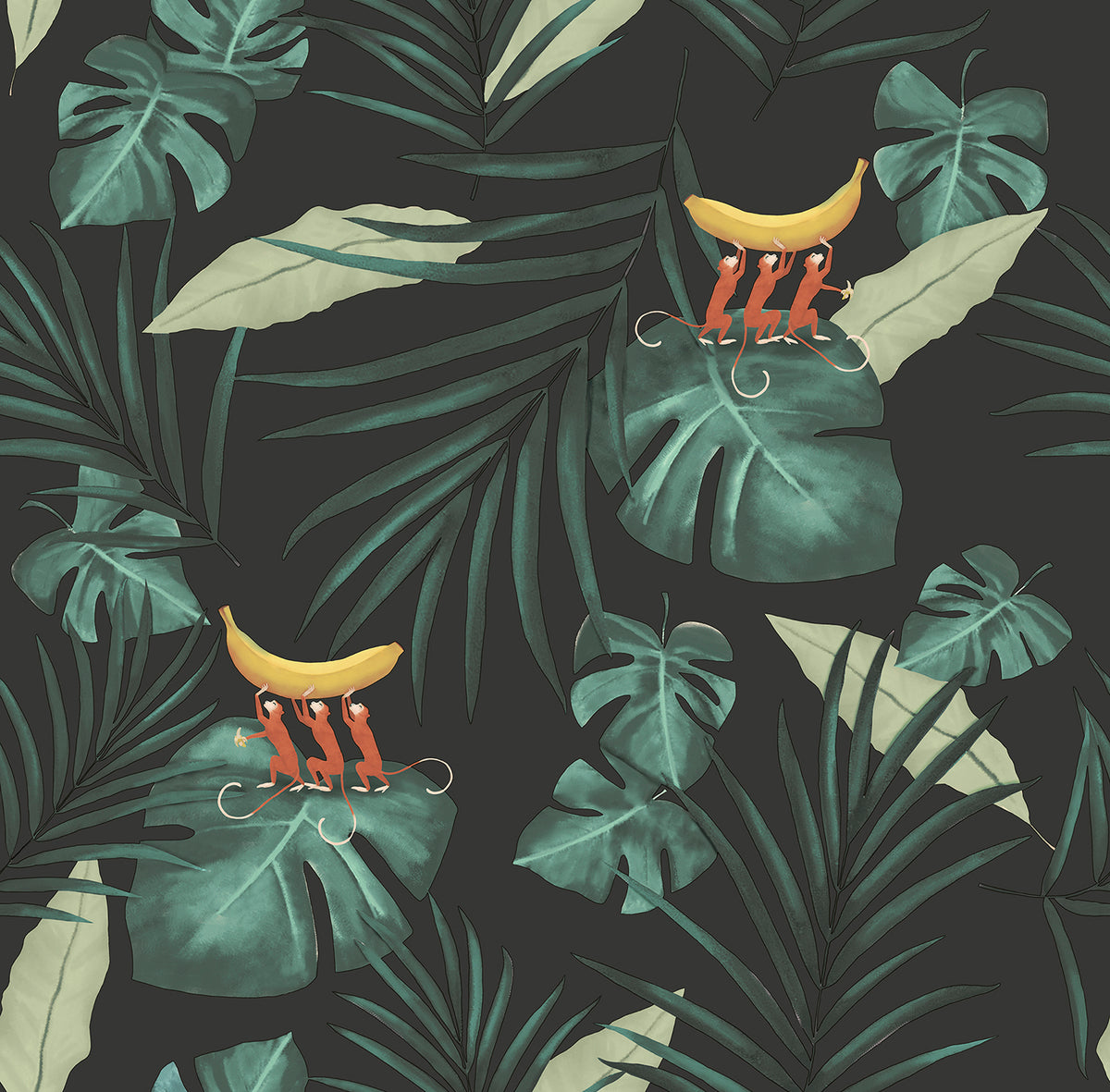 Walls4You behang apen en jungle bladeren donkergroen - 53 cm x 10 m - 640347