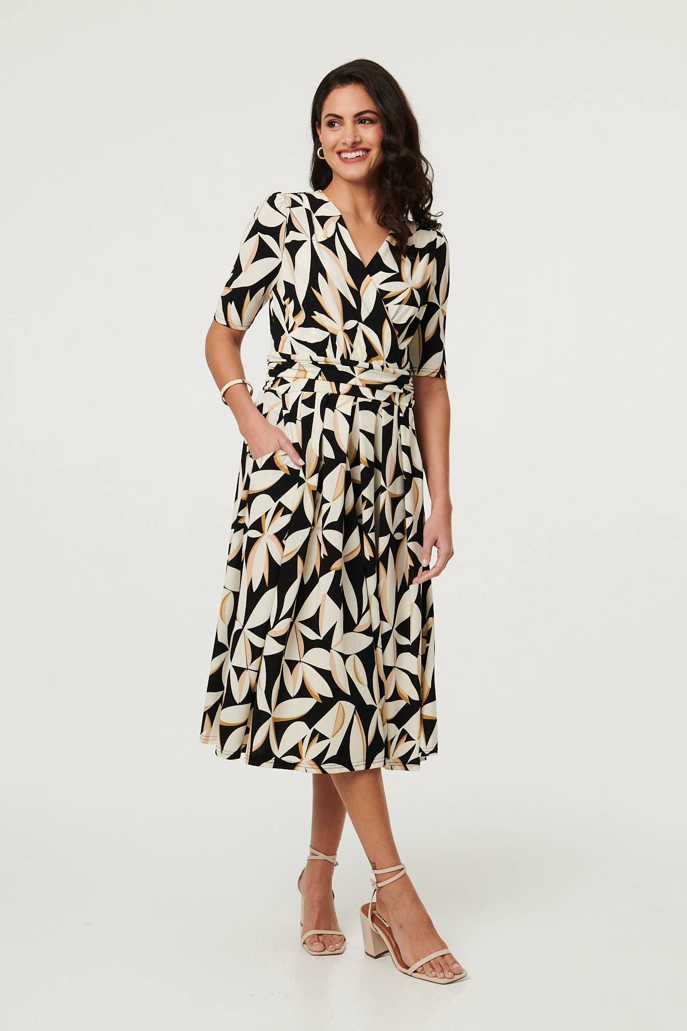 Izabel London Leaf Print 1/2 Sleeve Wrap Midi Dress
