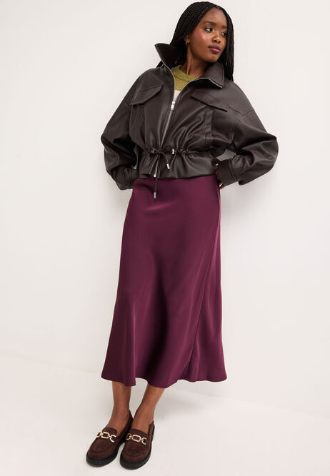 Womens Plum Satin Midi Skirt