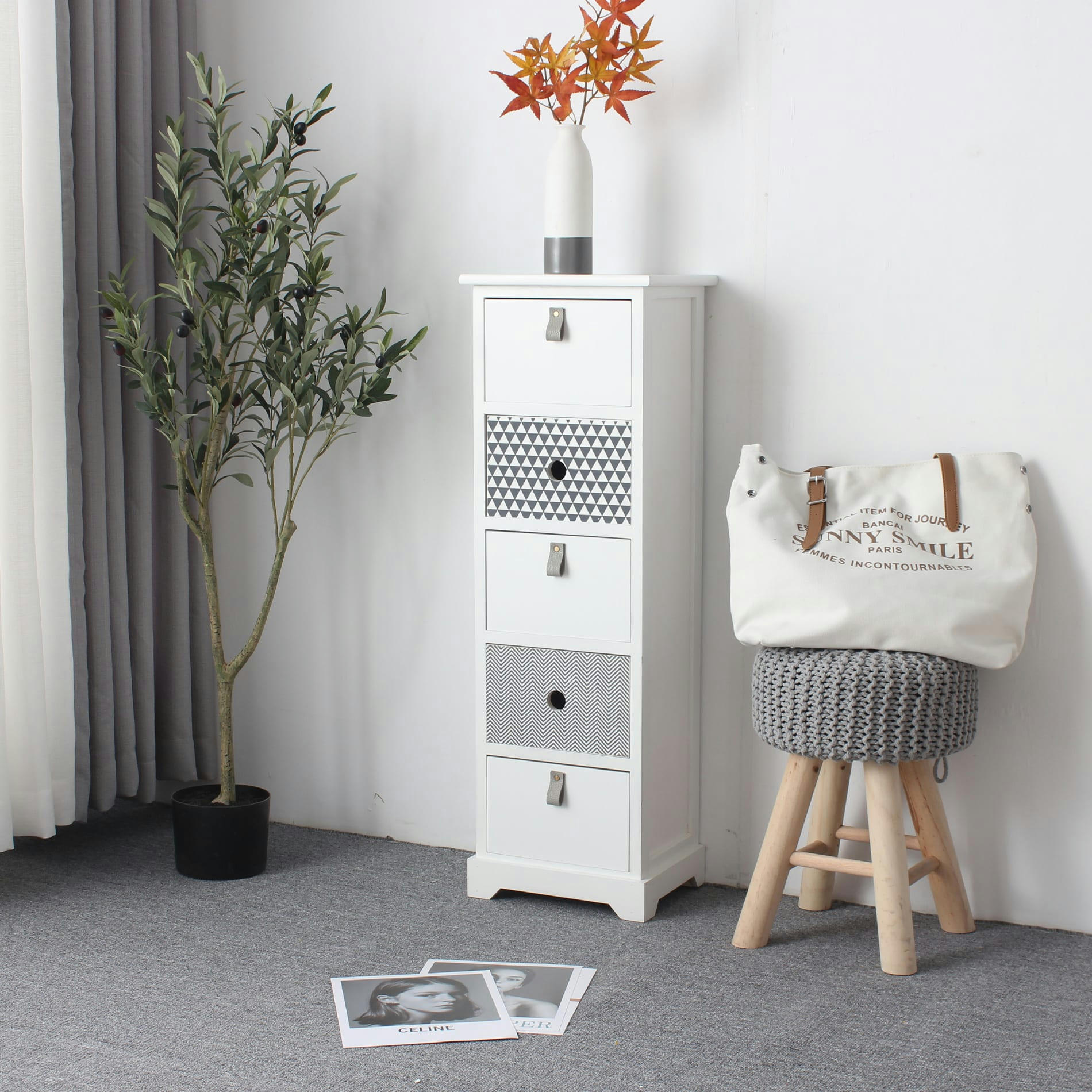 - Chiffonnier avec motifs 5 tiroirs en MDF blanc et gris
