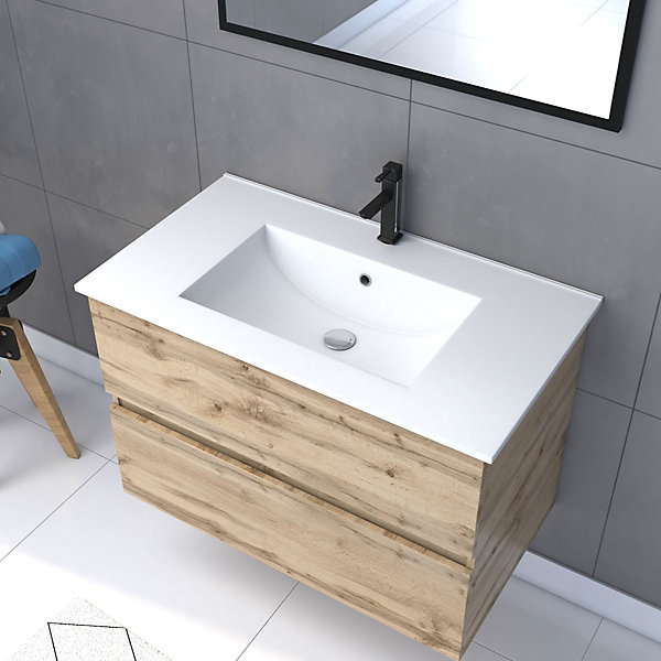 Ensemble sous vasque suspendu effet chêne industriel 2 tiroirs   vasque blanche   1 miroir, l.80 cm, Galedo Timber