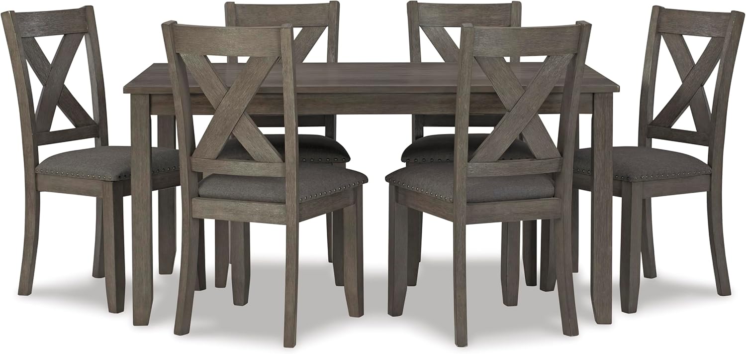 Signature Design by Ashley Caitbrook Rustic 7-Piece Dining Set – Rectangular Table with 6 X-Back Upholstered Chairs, Gray