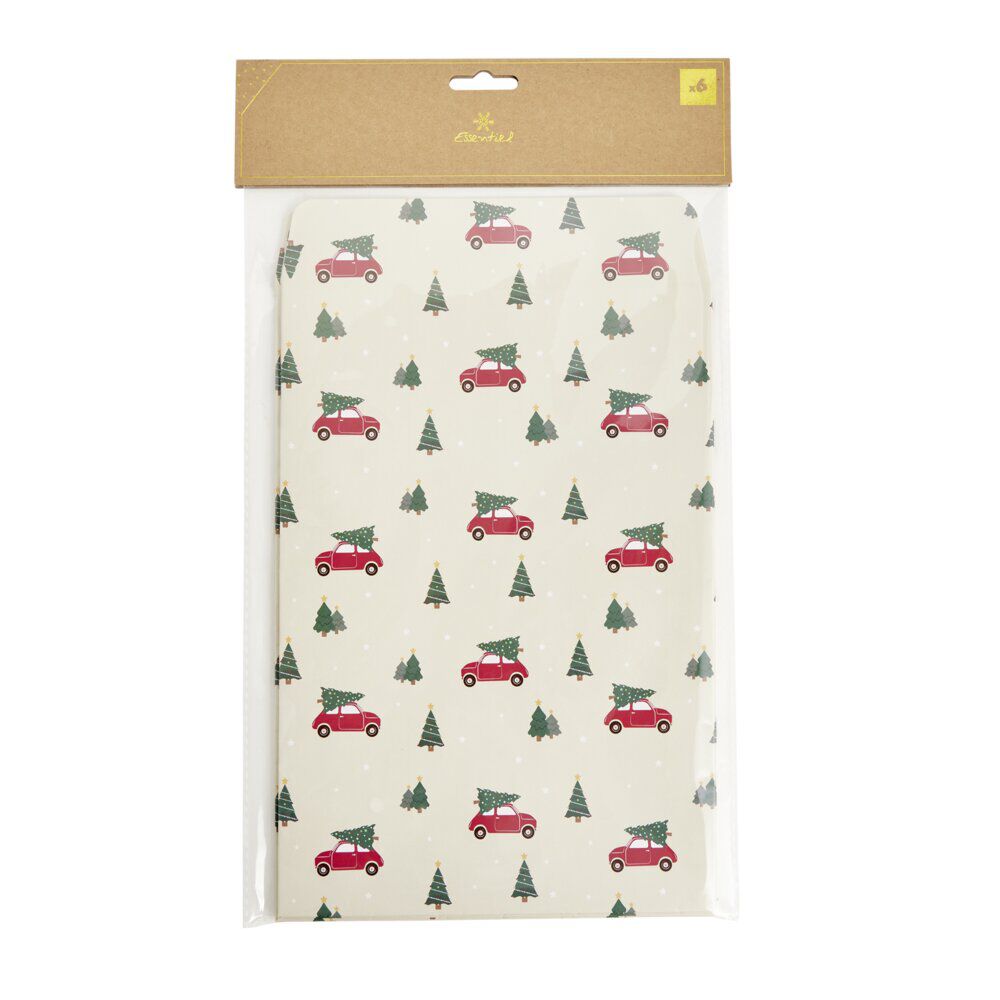 Pochette cadeau No&euml;l x6 fantasia motif voiture avec sapin 20x28cm