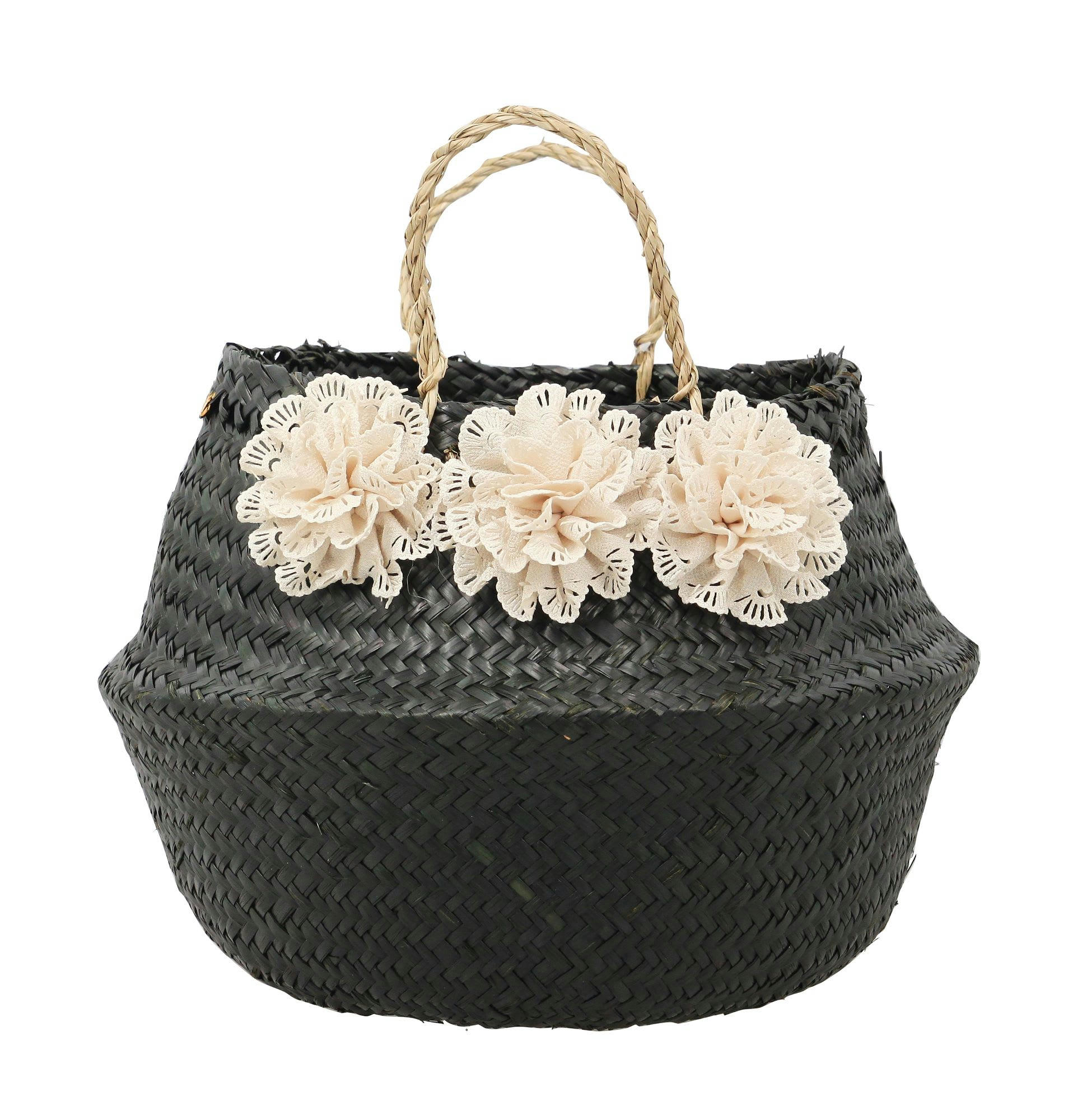 HANOI - Panier cache-pot en jonc noir avec fleurs blanches h40cm