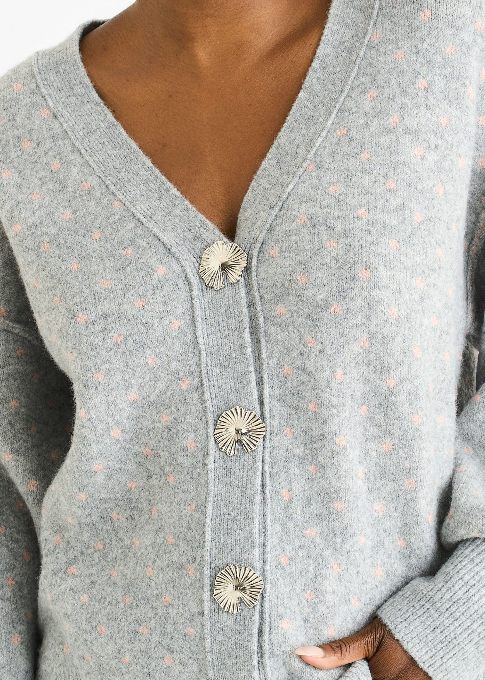 Gini London Grey Spot Print Button Cardigan Look Jumper